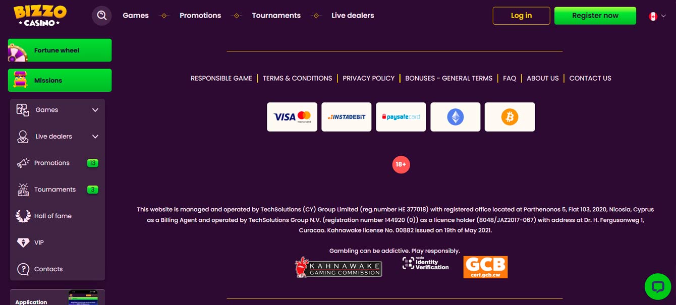 Pied de page du site Bizzo Casino