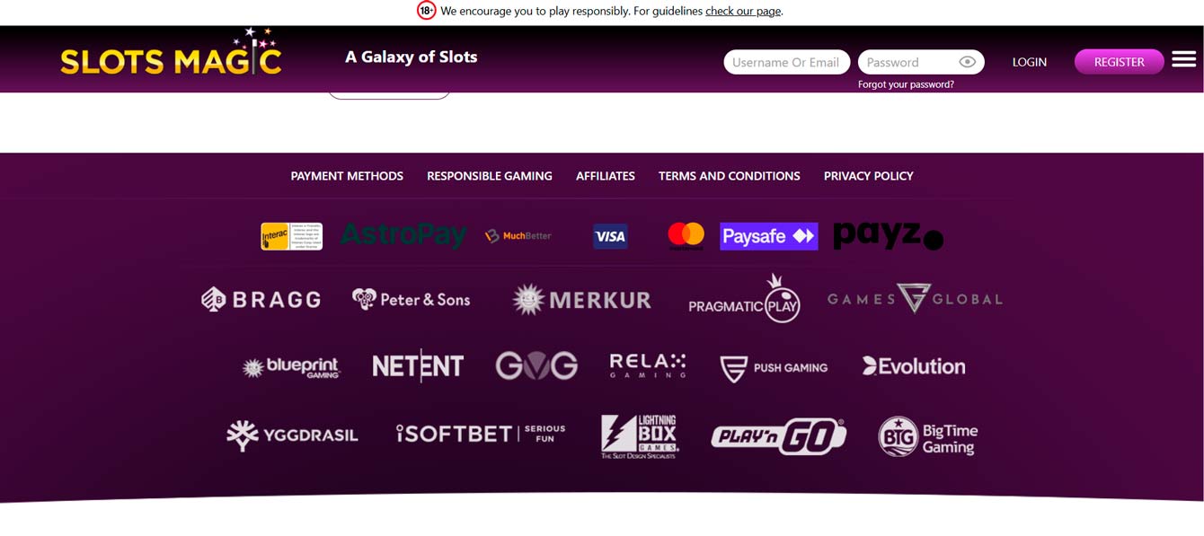 Pied de page du site Slots Magic