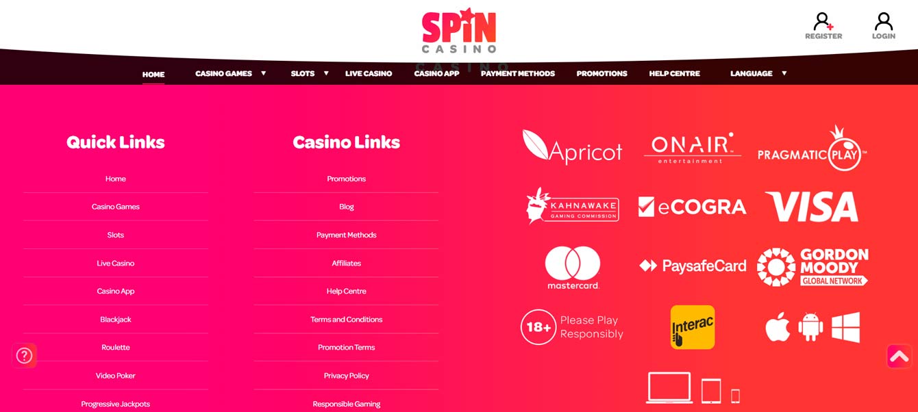 Pied de page du site Spin Casino
