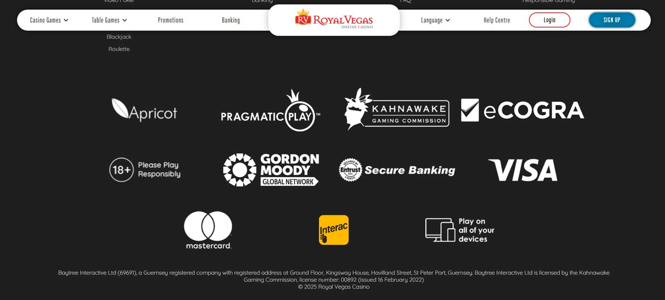 Pied de page du site du Casino Royal Vegas